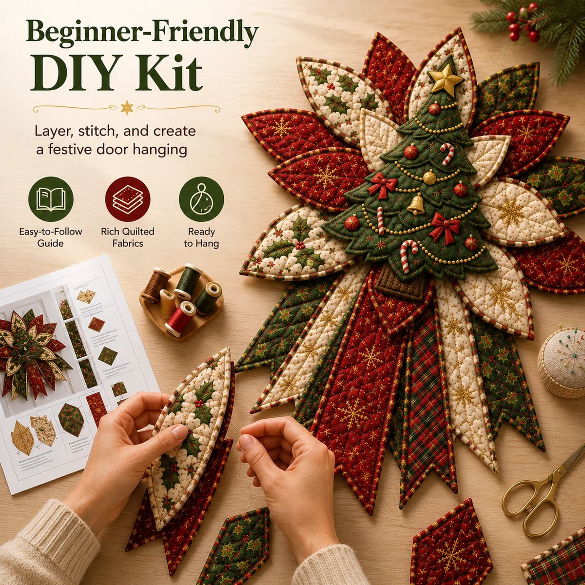 🎄Beginner-Friendly Oversized Christmas Character Quilted Door Hanger Sewing Kit | Complete Kit with All Tools & Step-by-Step Guide Included 💕